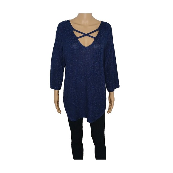 Westport Womens Large Blue Shimmer Criss Cross Front 3/4 Sleeve Tunic Knit Top - Picture 1 of 6